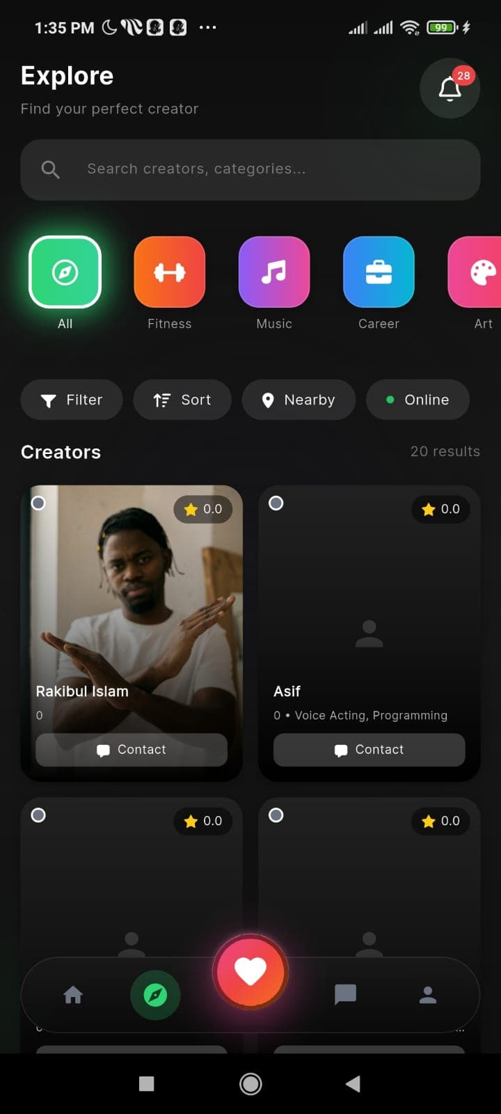 Explore creators screen — find your perfect match