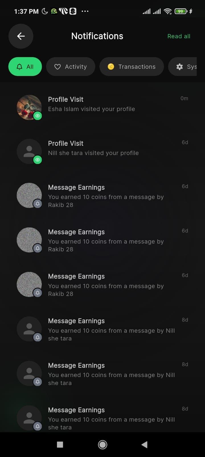 Earnings notifications — see coins as you earn them