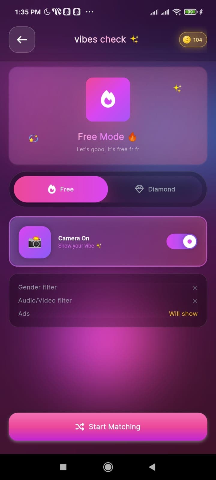 Start matching — free and diamond modes