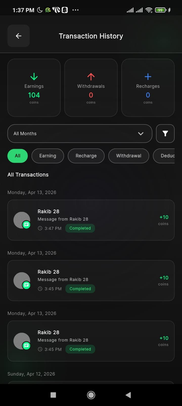 Transaction history — your earnings, recharges, and withdrawals